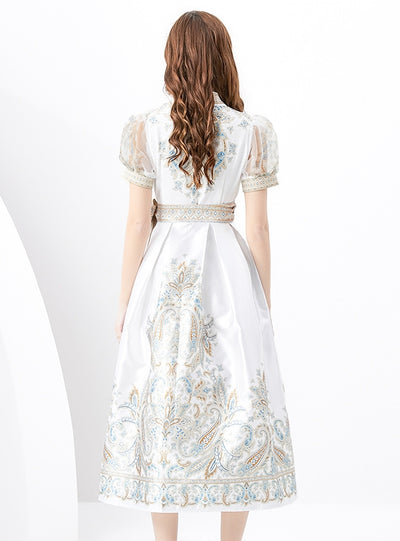 V-neck Lantern Sleeve Retro Print Dress