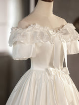 White Satin Lace Off the Shoulder Bow Wedding Dress