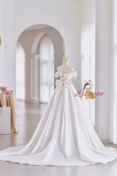 White Satin Off the Shoulder 3D Flower Wedding Dress