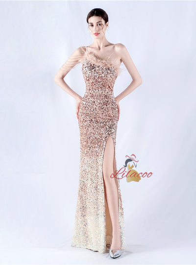 One Shoulder Mermaid Sequins Feather Split Prom Dress