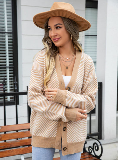 Colour Matching Buttons V-neck Sweater Coat