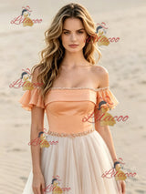Champagne Tulle Off the Shoulder Beading Wedding Dress