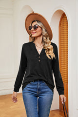 Solid Color V-neck Button Long Sleeve T-shirt