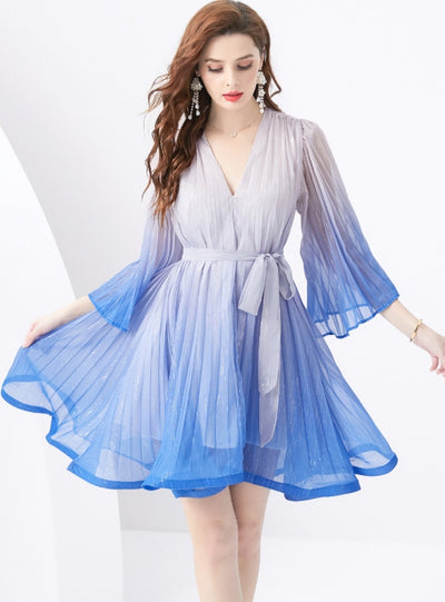 Holiday V-neck Trumpet Sleeve Pleated Gradient Dress