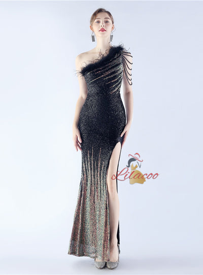 One Shoulder Sequins Split Prom Dress