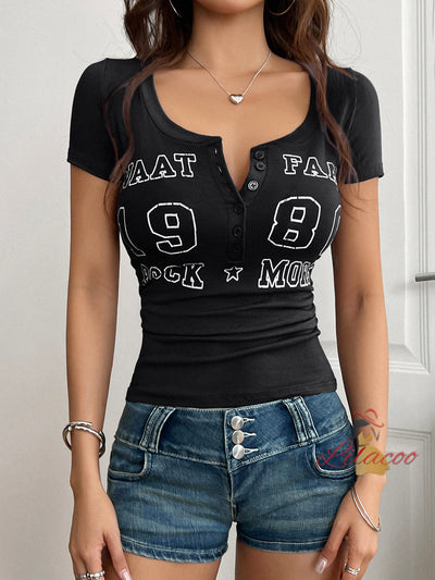 Sexy Letter Printed Button V-neck Short-sleeved Shirt