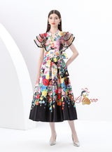 V-neck Ruffled Stitching Printed Long Dress
