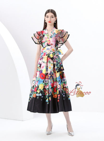 V-neck Ruffled Stitching Printed Long Dress