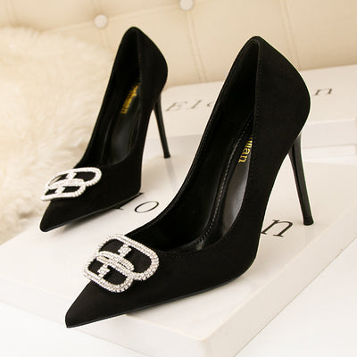 Suede Pointed Rhinestone Metal Buckle High Heels