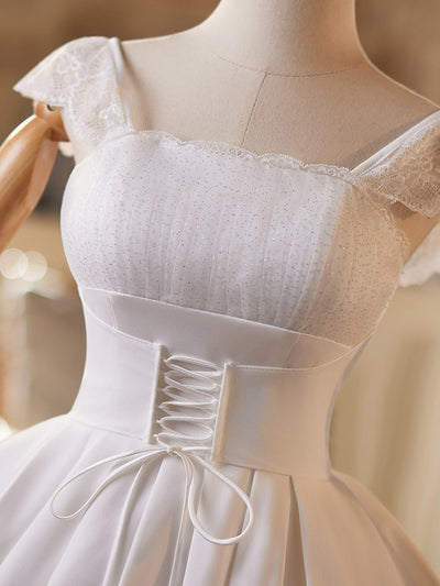 White Satin Lace Pleats Wedding Dress