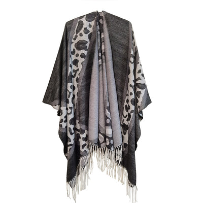 Leopard Cape Jacquard Travel Fringed Split Shawl