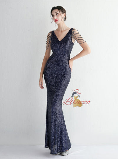 Mermaid Sequins V-neck Beading Prom Dress