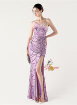 Mermaid One Shoulder Sequins Feather Prom Dress