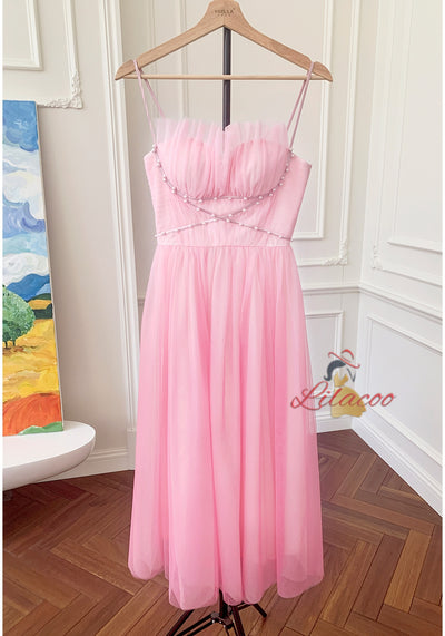 Pink Tulle Straps Pearls Prom Dress