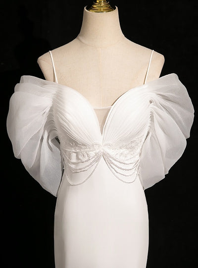 White Mermaid Straps Pearls Wedding Dress
