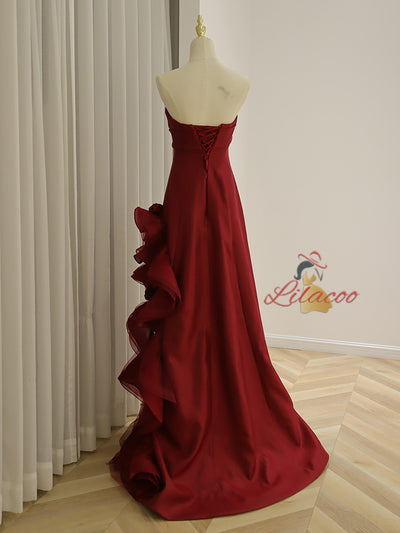 Burgundy Tulle Strapless Prom Dress