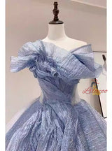 Blue Tulle Strapless Pleats Prom Dress