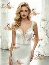 White Mermaid Satin Straps Beading Wedding Dress