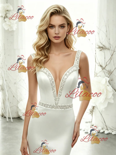 White Mermaid Satin Straps Beading Wedding Dress