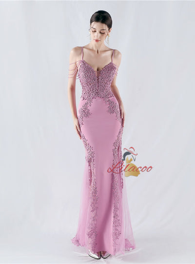 Mermaid Sequins Spaghetti Straps Appliques Prom Dress