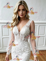 White Mermaid V-neck Long Sleeve Wedding Dress