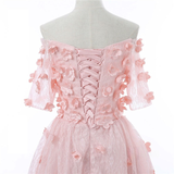 Pink Lace Short Sleeve Flower Homecoming Dress