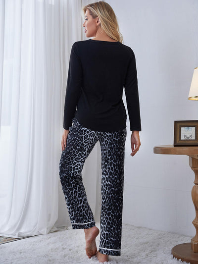 V-neck Long Sleeve Leopard Print Pajamas Suit