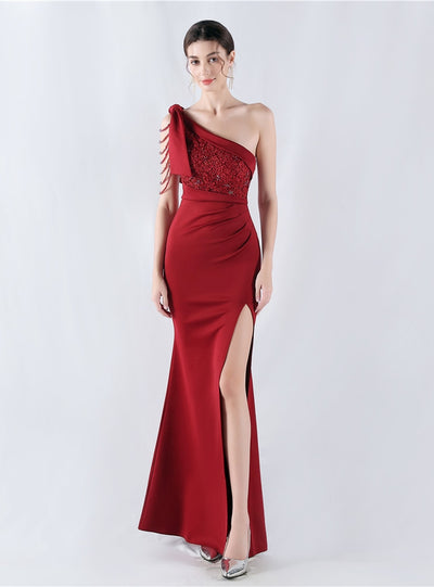 Mermaid One Shoulder Split Appliques Prom Dress