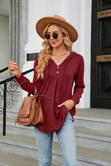 V-neck Button Hooded Loose Long Sleeve Top