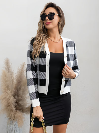 Retro Contrast Check Sweater Coat
