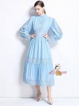 Spliced Stand-up Collar Lantern Sleeve Dress