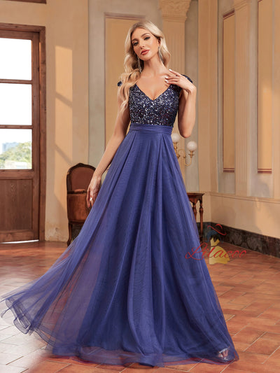 V-neck Sequin Tulle Prom Dress