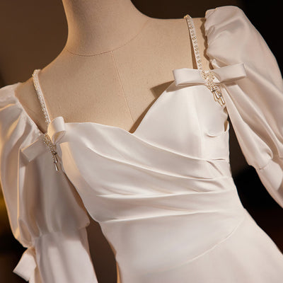 White Satin Long Sleeve Pearls Pleats Wedding Dress