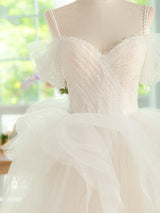 White Tulle Straps Pleats Beading Wedding Dress