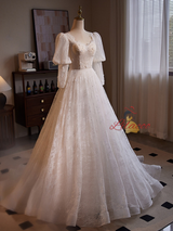 White Lace Long Sleeve Flower Wedding Dress