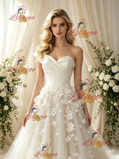 Beige White Tulle Strapless Flower Wedding Dress