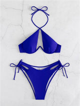Sexy Solid Color Split Hollow Halter Bikini