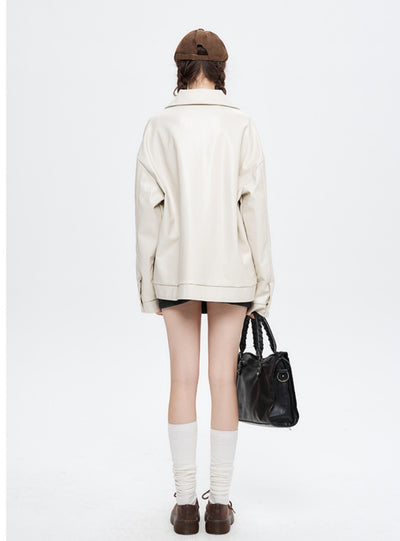 Button Lapel Long Sleeve Jacket PU Leather Coat