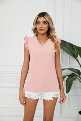 Contrast Color V-neck Short Sleeve Loose Chiffon Top