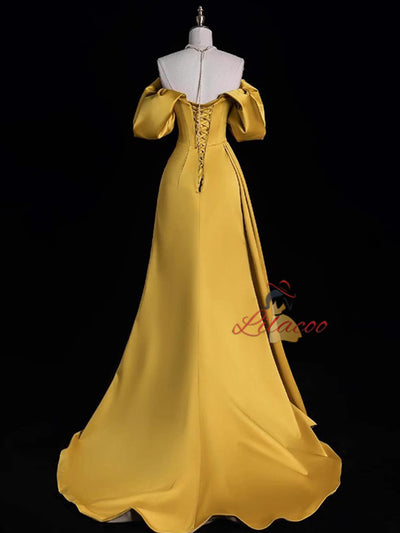 Yellow Satin Pleats Beading Prom Dress