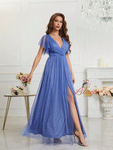 Blue Tulle V-neck Split Prom Dress