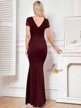 Burgundy Mermaid Short Sleeve Prom Dress