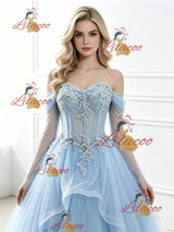 Blue Tulle Long Sleeve Appliques Prom Dress