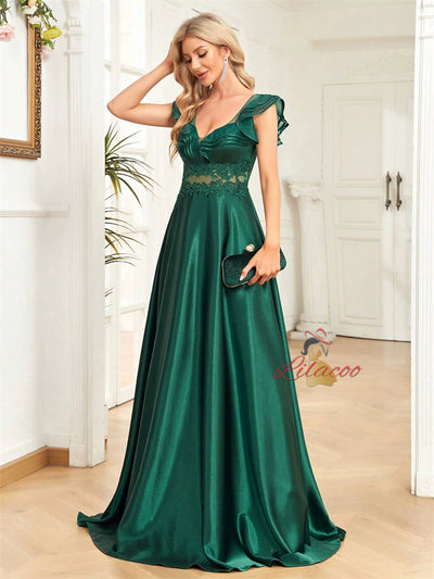 Green Satin V-neck Lace Prom Dress
