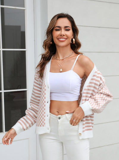 Plaid Stitching Striped Sweater Coat