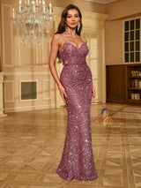 Purple Sequins Sapghetti Straps Split Prom Dress