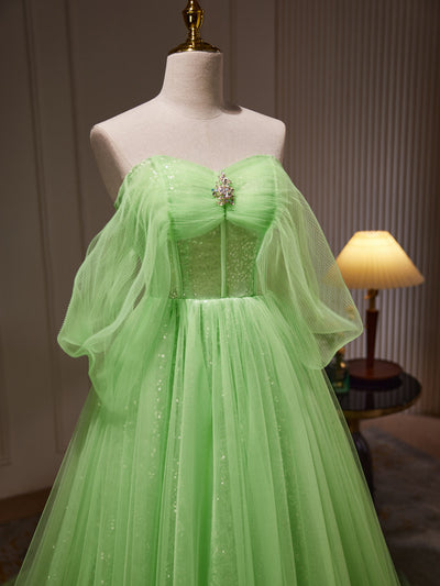 Green Tulle Sequins Pleats Prom Dress