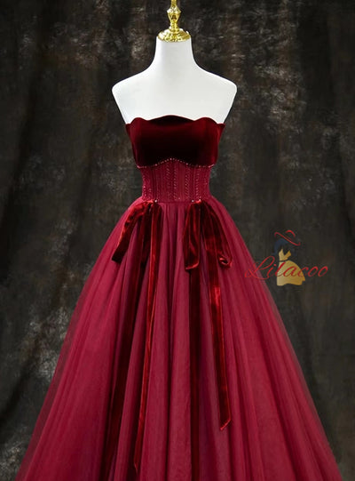 Burgundy Tulle Velvet Beading Prom Dress