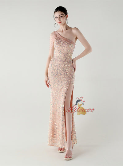 Mermaid Sequins One Shoulder Beading Prom Dress