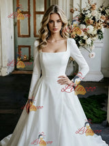White Satin Long Sleeve Wedding Dress